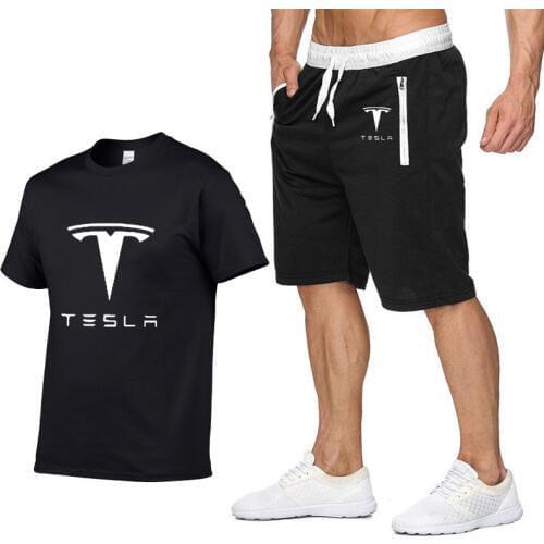 Mens Short sleeve Tesla Car Logo Summer Mens t Shirt Harajuku Hip Hop TShirt high quality Cotton T Shirts shorts suit Sportswear