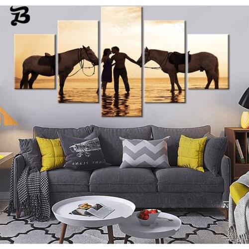 Canvas Painting 5 Pieces Couple Kissing with Their Horse Canvas Posters and Prints Sunset for Living Room Wall Art Decoration