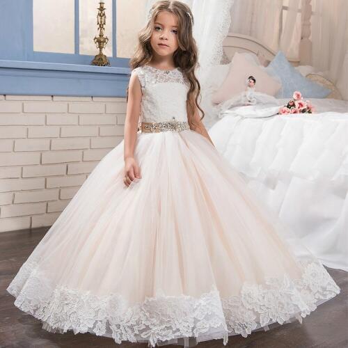Beauty Emily Flower Girl Dresses 2019 Ball Gown Beads Belt Bow Lace Wedding Party Girl Prom Dresses Wedding Party Girl Dresses