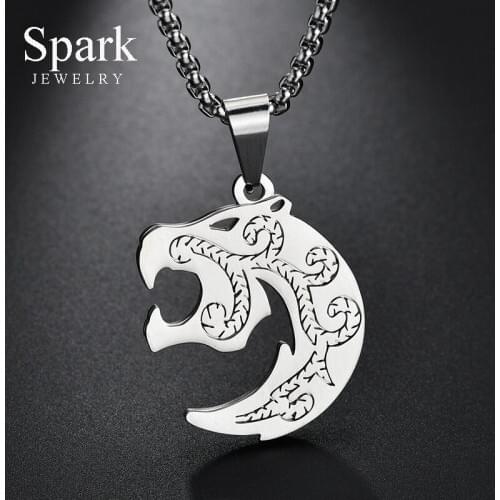 Personality Tiger Totem Mens Necklace Punk Steel Color Crescent Pendant Necklace With Link Chain Party Jewelry