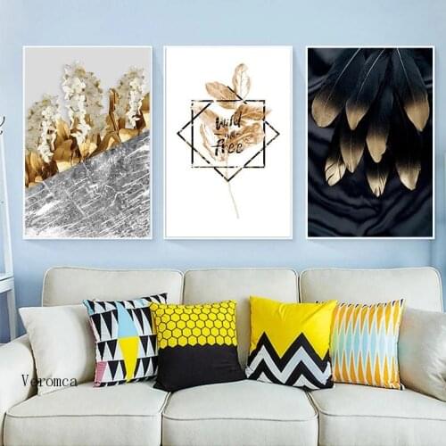 Scandinavian Style Abstract Black Gold Feather Leaf Poster Wall Art Hd Prints Canvas Painting for Living Room Home Decor
