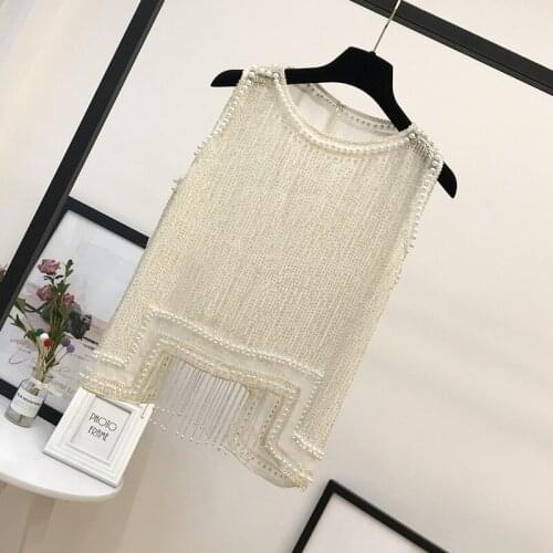 H80&S90 New Fashion Women Heavy Pearl Seeds Beaded Sleeveless Tank Top Female Knit Fringer Pullover Irregular Tassel Vest Shirts