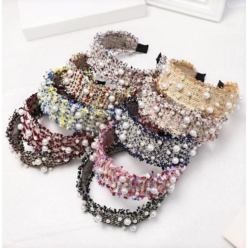 MISANANRYNE Fashion Splice Knitted Hairband Wide Headband Pearls Hair Band Bezel Hair Accessories For Women Hair Hoop Headwear