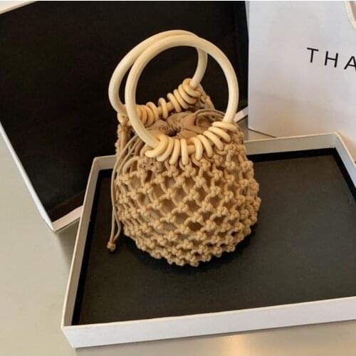 Niche Rattan Hand-woven Bag Cotton Rope Tied New Net Bags Drawstring Beach Ladies Hand Bags Hollow Out Style with Inner Bag