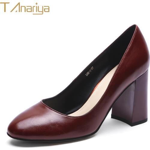 Tanariya 20 spring and autumn new wine red leather sheepskin coarse shoes women ladies high heels women shoes woman pumps