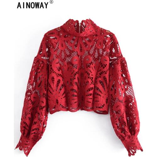 Vintage chic women tops hollow out bohemian blouse shirt ladies lantern sleeve zipper lace pactch work loose Boho shirts