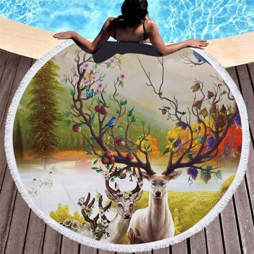 3D fashion Printed vivid fruit Elk Round Beach Towel Floral Deer Baby Tassel Deer Tapestry Yoga Mat Animal Reindeer Blanket Mats