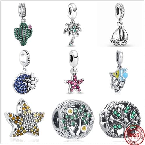 New 925 Sterling Silver Cactu Coconut Boat Sea Turtle Fish Dangle Charm bead Fit Original Pandora Bracelet DIY Jewelry For Women