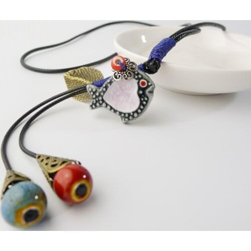 Long Rope Ceramic fish pendant Necklaces Handmade DIY fashion Necklace for women #EY106