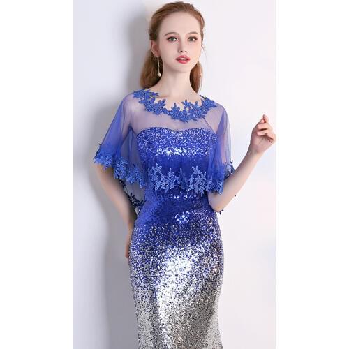 Elegant 2020 Women Evening Wraps Tulle Jacket Casual Royal Blue Lace Appliqued Shawl Wild Bridal Party Wedding Wrap Short Coat