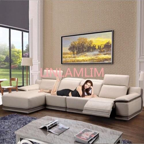 Electric recliner relax theater living room Sofa bed 3 seat+ chaise L shape functional genuine leather couch Nordic door to door
