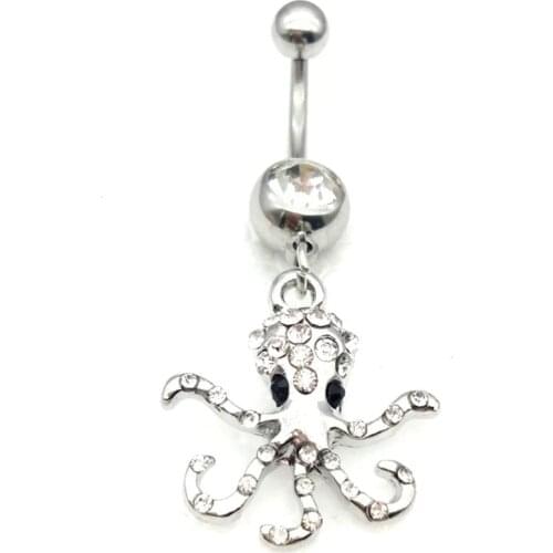 Fashion Surgical Steel animal Octopus Dangle Navel Rings White Crystal Navel Bars Belly Button Ring Navel Piercing Jewelry Gifts