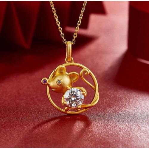 China Style 100% 925 Sterling Silver Gold Mouse Real 1 Carat D Color Moissanite Lucky Pendant Necklace For Women Fine Jewelry