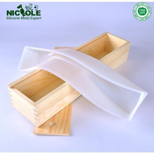Nicole Silicone Food Grade Silicone Rectangle Mold with Wooden Box Big Size Loaf Swirl Soap Mold Tool