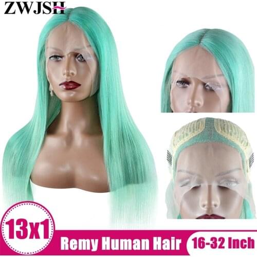 ZWJSH T Part Lace Wig Human Hair Light Blue Color Straight Brazilian Wigs For Women Remy Plucked 30 Inch