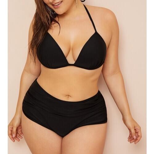 Sexy High Waist Bikini Women Solid Black Swimsuit Plus Large Size Bikini Set Two Pieces Triangle Halter Beach Wear Swimming Suit