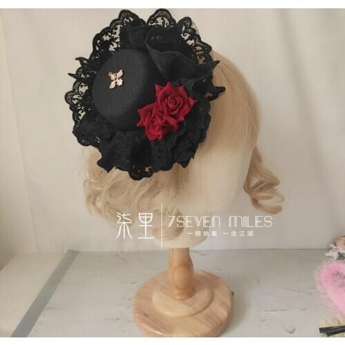 Vintage Black Rose flower Cross Lolita Height Top Hat Dark Gothic Lace Trim Hairpin Side Clip Headdress Accessories Halloween