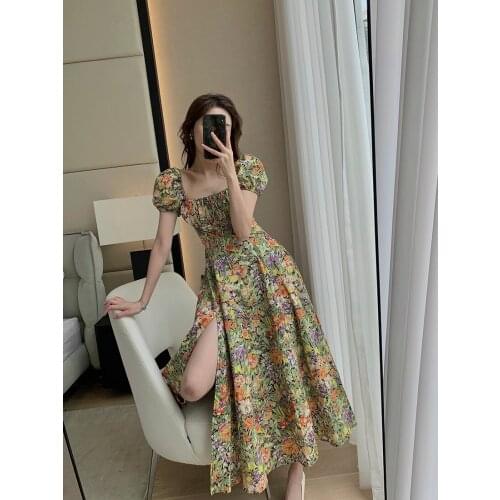 Square-Cut Collar French Style Vintage Floral Dress Womens Summer Tight Waist Slimming Slit Puff Sleeve Dress clothing women