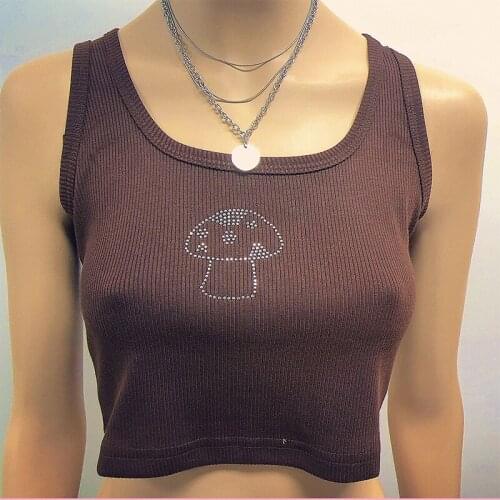 Vintage Y2k Sweet Crop Top Aesthetic Fashion Indie Mushroom Diamond Straped Brown U-neck Sleeveless Slim Tank Top New Streetwear