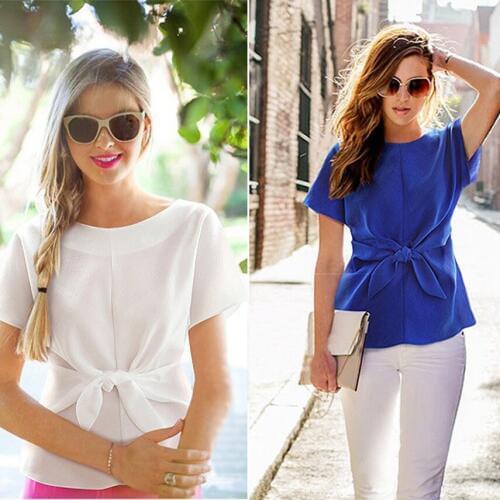 2016 Hot Summer Style Womens Batwing Short Sleeve Slim Blouse Casual Blusas OL Bow Chiffon Shirt Tops Plus Size women blouses