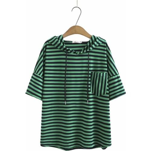 Plus size cotton pocket hooded loose t shirt women short sleeve tshirt 2021 black green pink striped d t-shirt summer tops
