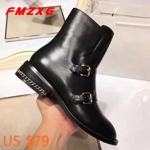 Women Fashion Buckle Flats Platform Boots Genuine Leather Designer Top Luxury Brand Booties Leather Womens Winter Leisure Boot