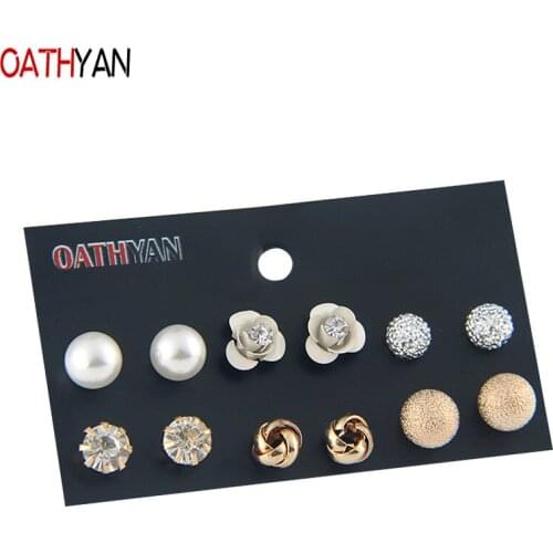 OATHYAN 6 Pairs/Set Fashion Simulated Pearl Stud Earrings Sets Womens Gold Color Alloy Flower Rhinestone Earring Female Brincos