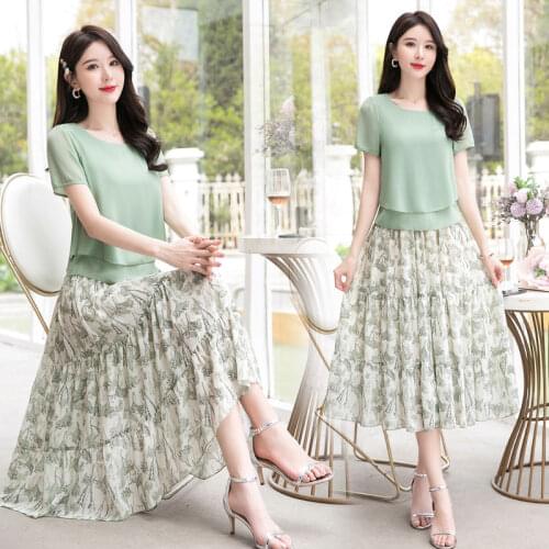 Fashion Dress Suit Female 2021 Summer Korean High Waist Floral Print Pleated Dresses Plus Size Chiffon Two-piece Suit X24
