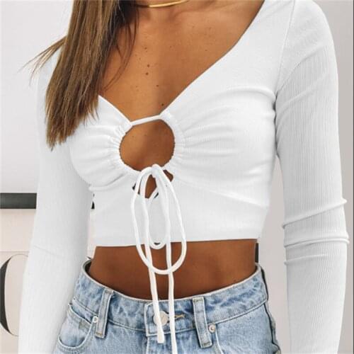 Women Solid Color Ribbed Crop Tops Spring Autumn Deep V-neck Long Sleeve Backless T-shirt Apricot/Blac/White/Grey