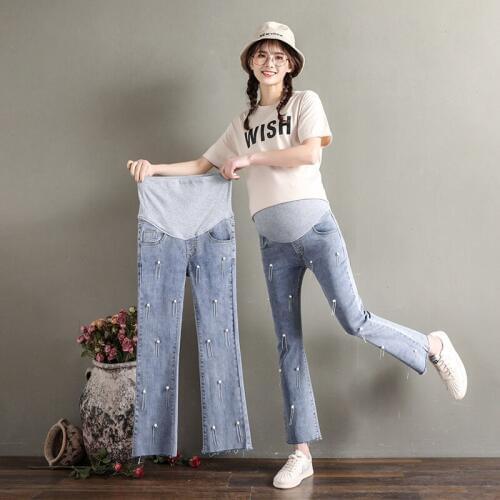 2019 spring and summer pregnant women jeans retro beaded stomach lift jeans nine points bell pants pregnancy library