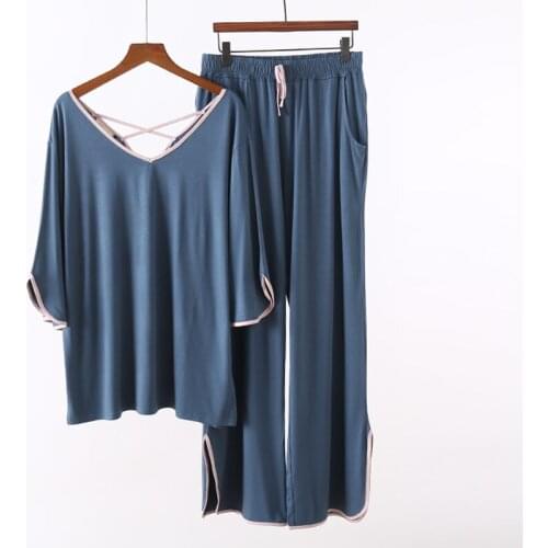 2021 summer home suits new loose short-sleeved pajamas plus size Modal Sleepwear pyjamas casual long pants sleep pyjama Suit