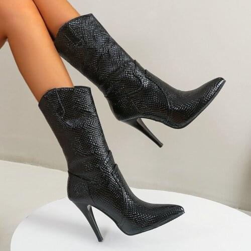 Brand Designer Sexy Women Shoes Stiletto Pointed Toe Womens Winter High Boots High Heels Embossed PU Winter Boots Western Boots