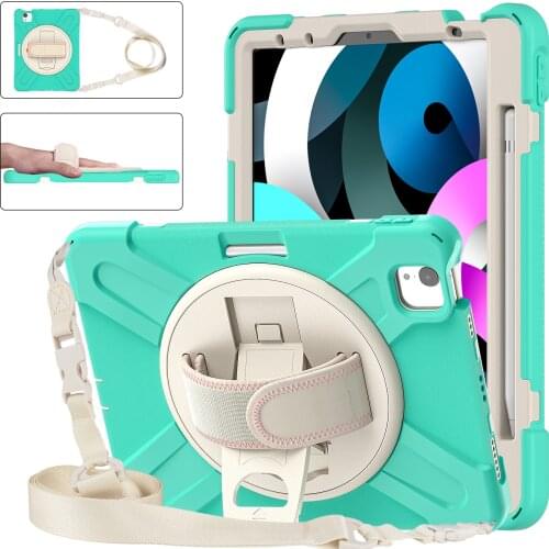 For iPad Pro 11 2021 Case with Pencil Holder Kids Heavy Duty 360 Swivle Hand Shoulder Strap PC Rugged Case for iPad Air 4 10.9