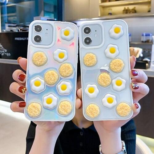 Epoxy Funny 3D Instant Noodles Eggs Clear Soft TPU Case for iPhone 12 Mini 11 Pro XS Max XR X Colorful Laser Paper Cards Cover