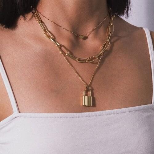 Jastie Popular Lock Pendant Chain Necklace Hollow Link Chain Gold Color Padlock Pendant Necklace Women Fashion Gothic Jewelry