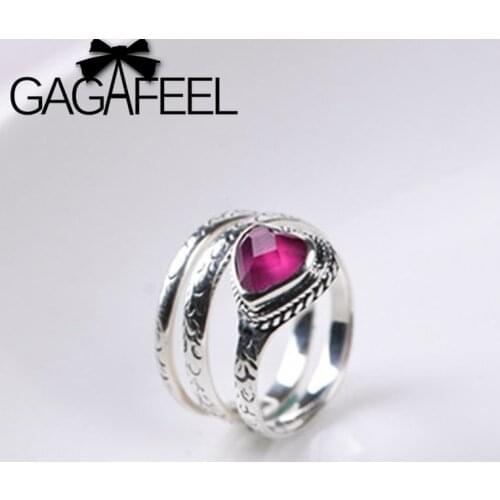 GAGAFEEL 925 Silver Retro Printed Peach Heart Love Silver Rings Synthetic Red Corundum Womens Ring Trendy Jewelry