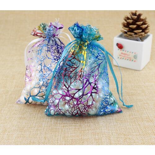 100pcs/lot Coral Design Organza Bags 7x9 9x12 17x23cm Jewelry Boutique Gifts Packaging Bags Cute Drawstring Pouch Candy Gift Bag