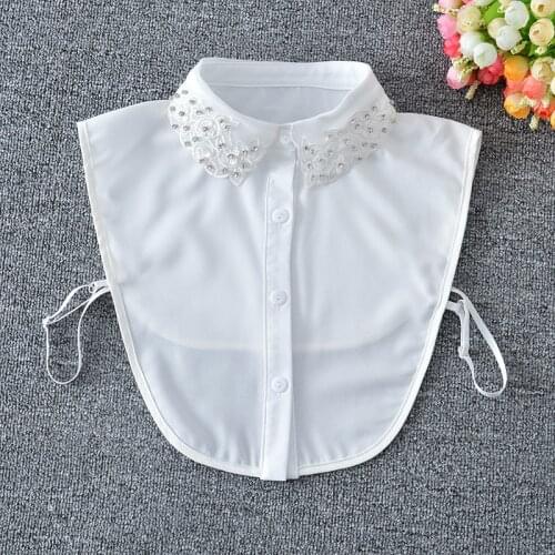 Linbaiway Women Shinny Beads Fake Collar Ladies Solid Color Lapel Shirt Blouse Detachable Collars for Sweater False Collar