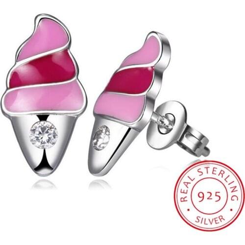 New 925 Sterling Silver Pink Enamel Cute Ice Cream Small Stud Earring For Baby Kids Girls Cute Party Earring Korea Jewelry