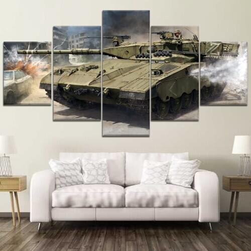 Five-Piece Hd Modular Picture Military Tank Battle Scene Wall Art Poster Home Decoration Living Room Canvas Painting Frameless