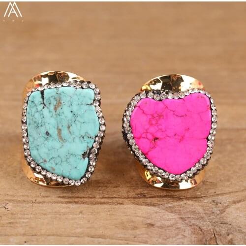 Natural Turquoises Stone Irregular Beads Open Adjustable Rings Jewelry For Women Paved Rhinestone Beads Gold Copper Finger Ring
