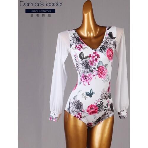 2020 new modern dance one-piece top sexy V-neck lantern sleeves Latin dance top national standard dance ballroom dance gym suit