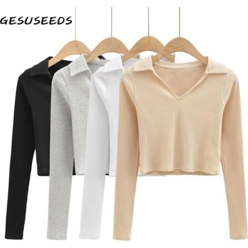 Fall long sleeve shirt women vintage shirt solid slim shirts ribbed cropped t shirt white turn down collar crop tee office lady