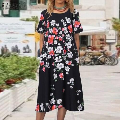 ZANZEA Vintage Women Summer Dress Floral Printed Midi Sundress Casual O Neck Short Sleeve Beach Vestido Robe Femme Party Dresses