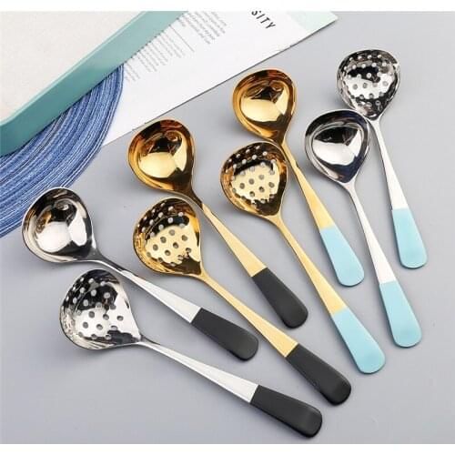 Multicolor Stainless Steel Family Soup Spoon Creative Thicken Long Handle Hot Pot Scoop Colander Household Kitchen Accessories