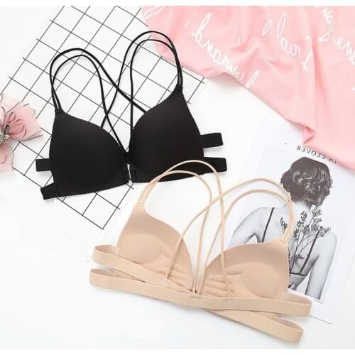 Sexy front-button Ring-less Bra Slim Seamless Mini-breast Gathered With Ribbons Crossed Behind 1 PCS underwear padded sport bra