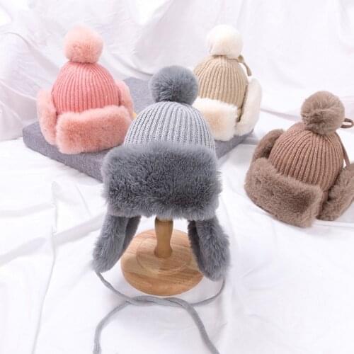 Fashion Cute Winter Pom Pom Boys Girls Hats Ear Flap Muff Windproof Kids Caps Warm Knitted Mum Toddler Children Hats
