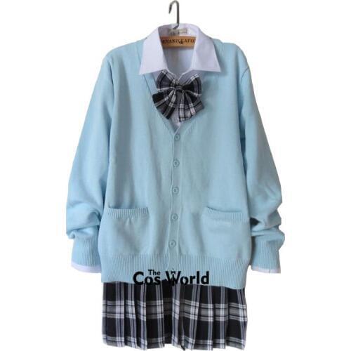 Preppy Style Student Class Japan JK High School Uniform Winter Blue V-Neck Cardigan Black White Pleated Skirt Suits