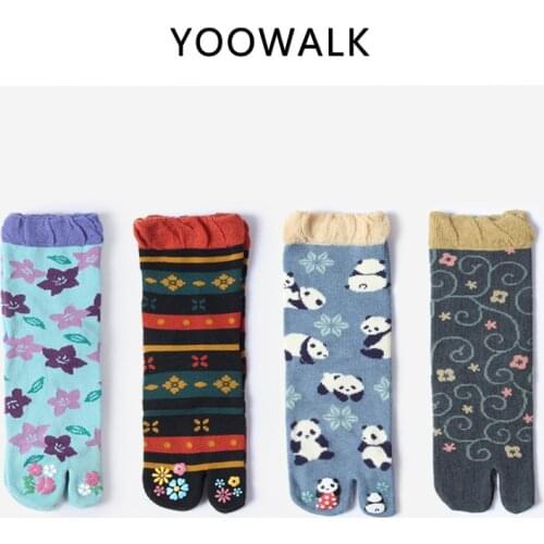 YOOWALK new winter toe socks Japanese retro lace flowers two fingers socks cartoon owl tabi socks lady socks