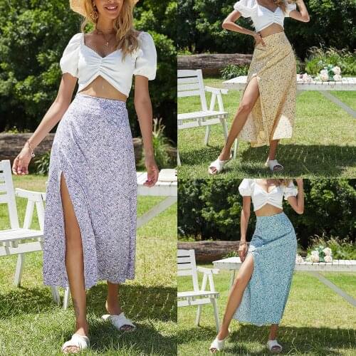 Womens Casual Floral Long Skirt High Waist Split A-line Mid-length Skirt Summer Holiday Fashion Female Dress